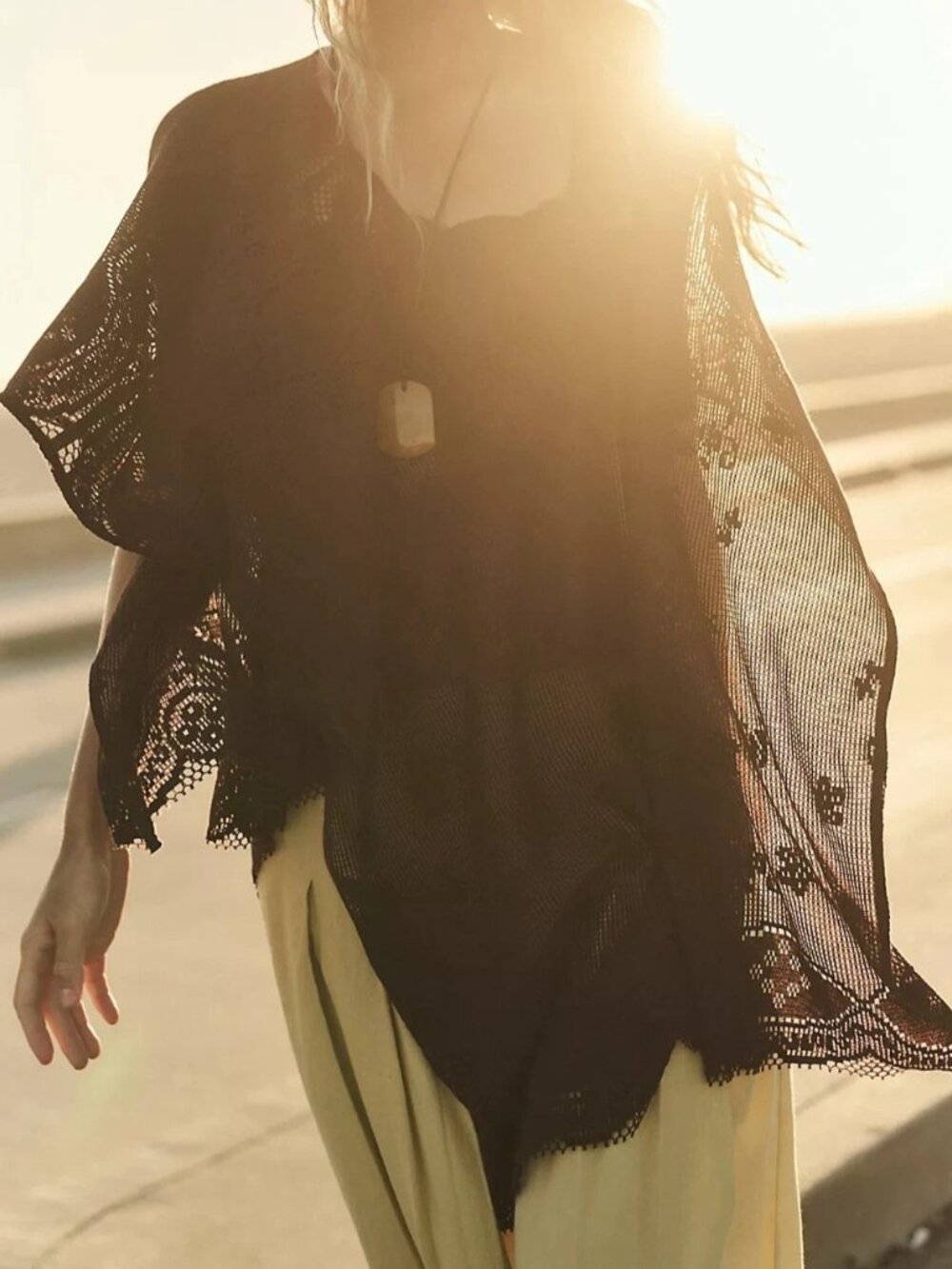 Free People Elsa Poncho Cropped Top Sheer Crochet Lace Pullover Beach OS 290718
